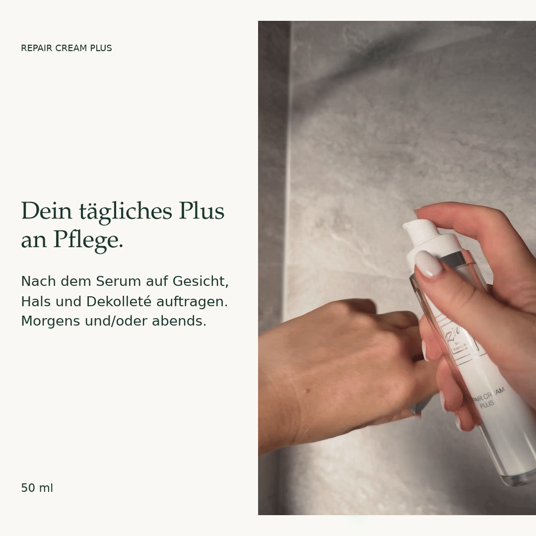 Repair Cream Plus wird mit dem Pumpspender dosiert. Nach dem Serum auf Gesicht, Hals und Dekolleté auftragen.
