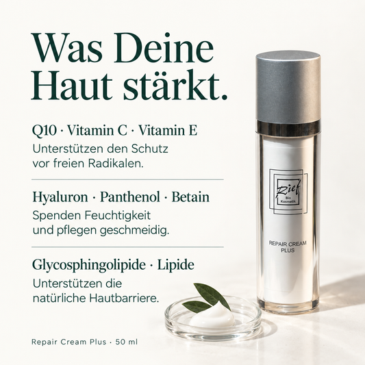Repair Cream Plus mit Q10, Vitamin C und E, Hyaluron, Panthenol, Betain und Lipiden für Feuchtigkeit und Hautbarriere.