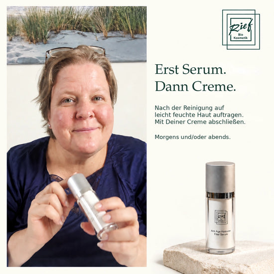 Rief Hyaluron Serum – tägliche Pflegeroutine;Frau mit Rief Hyaluron Serum und Hinweisen zur Reihenfolge von Serum und Pflegecreme.