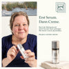 Rief Hyaluron Serum – tägliche Pflegeroutine;Frau mit Rief Hyaluron Serum und Hinweisen zur Reihenfolge von Serum und Pflegecreme.