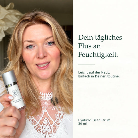 Rief Hyaluron Filler Serum – tägliche Feuchtigkeit;Frau in weißer Bluse hält das Rief Hyaluron Filler Serum neben Informationen zur täglichen Pflege.