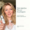 Rief Hyaluron Filler Serum – tägliche Feuchtigkeit;Frau in weißer Bluse hält das Rief Hyaluron Filler Serum neben Informationen zur täglichen Pflege.