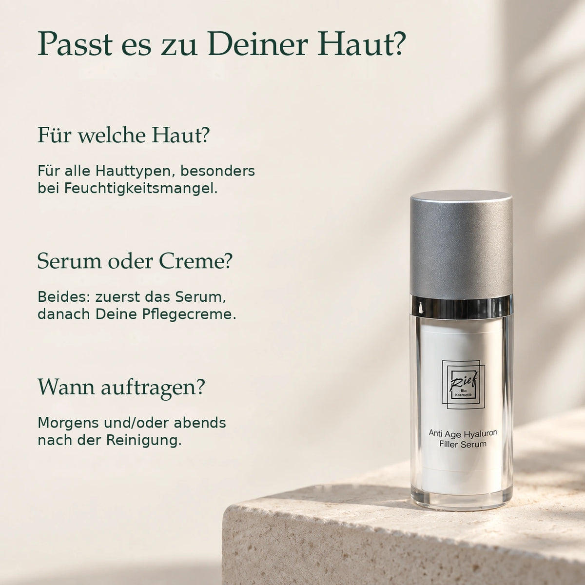 Rief Hyaluron Serum – Hauttyp und Routine;Rief Serum mit Antworten zu Hauttyp, Kombination mit Creme und Anwendungszeitpunkt.