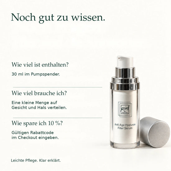 Rief Hyaluron Serum – Menge und Rabattcode;Geöffnetes Rief Serum neben Antworten zu Füllmenge, Dosierung und Einlösen eines Rabattcodes.