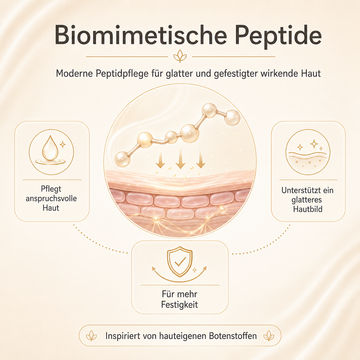 Biomimetische Peptide als leuchtende Molekülketten in einer hochwertigen, wissenschaftlich inspirierten Hautpflege-Darstellung.