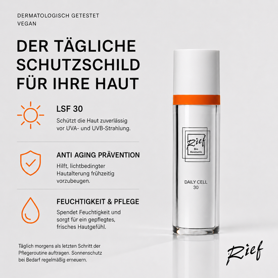 Daily Cell 30 von Rief mit LSF 30 schützt vor UVA und UVB Strahlung und unterstützt die tägliche Anti Aging Pflege