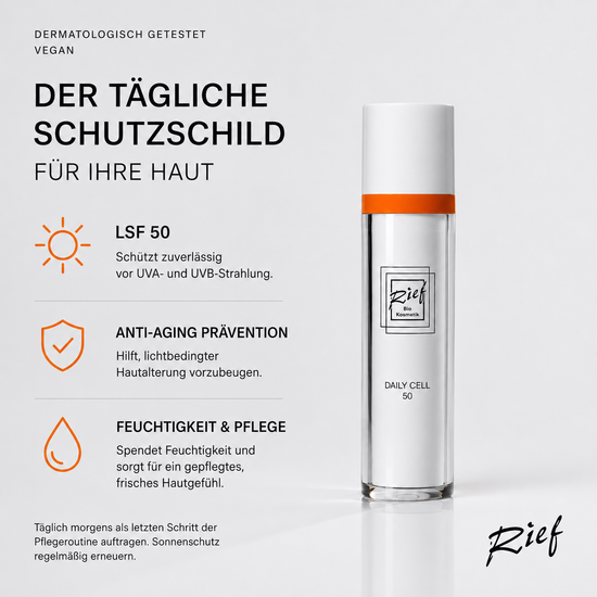 Daily Cell 50 von Rief mit LSF 50 schützt vor UVA und UVB Strahlung und hilft lichtbedingter Hautalterung vorzubeugen