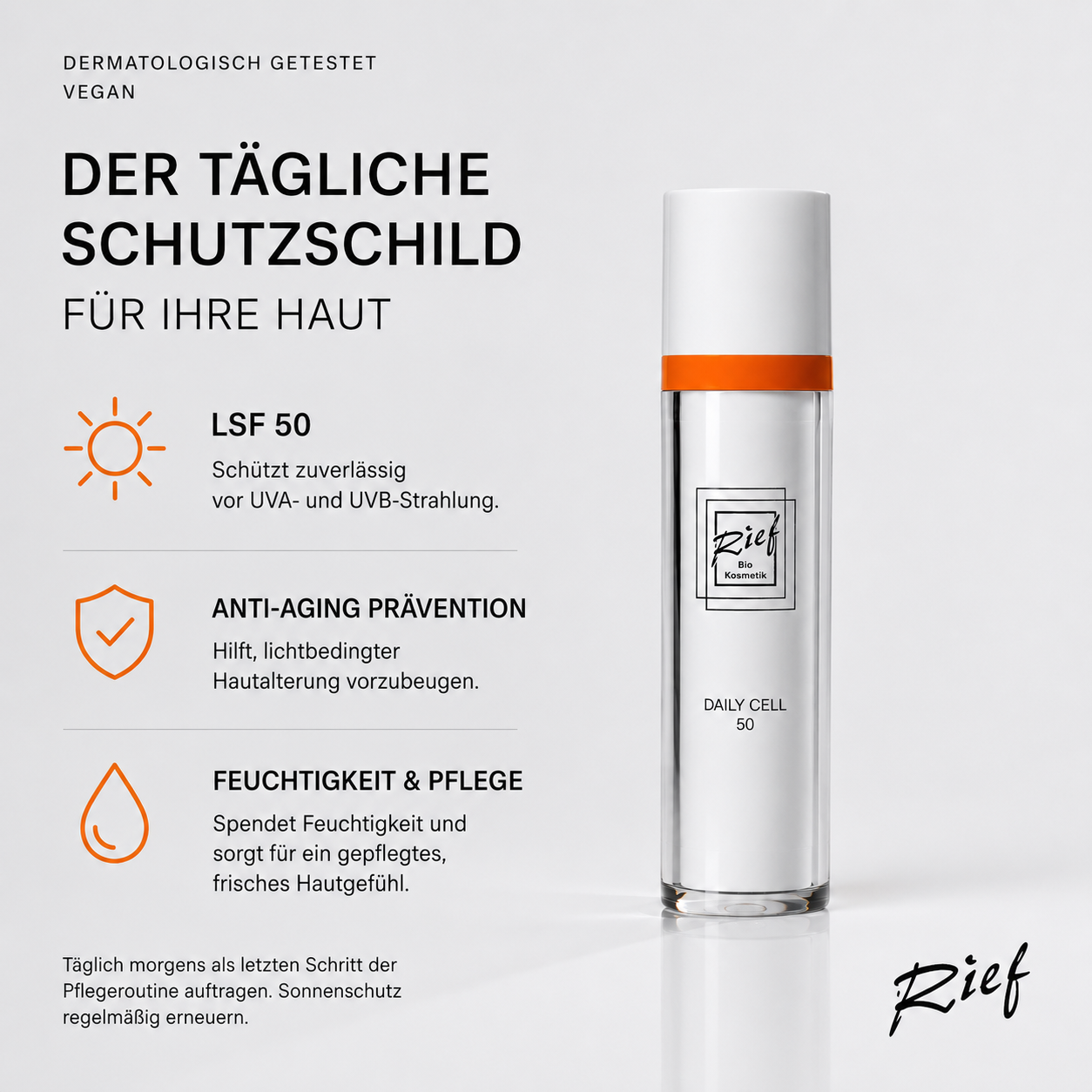 Daily Cell 50 von Rief mit LSF 50 schützt vor UVA und UVB Strahlung und hilft lichtbedingter Hautalterung vorzubeugen