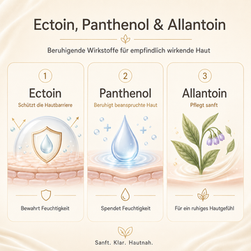 Infografik zu Ectoin, Panthenol und Allantoin mit leicht verständlicher Darstellung der beruhigenden, feuchtigkeitsspendenden und pflegenden Wirkung auf empfindlich wirkende Haut.