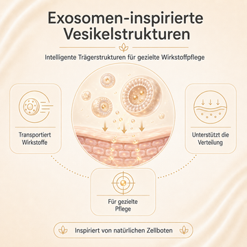 Exosomen-inspirierte Vesikelstrukturen in einer leuchtenden, mikroskopischen Darstellung für moderne Anti-Aging-Hautpflege.