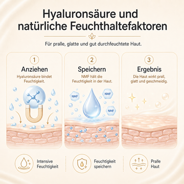 Infografik zu Hyaluronsäure und natürlichen Feuchthaltefaktoren: Sie binden und speichern Feuchtigkeit und unterstützen ein pralles, glattes Hautbild.