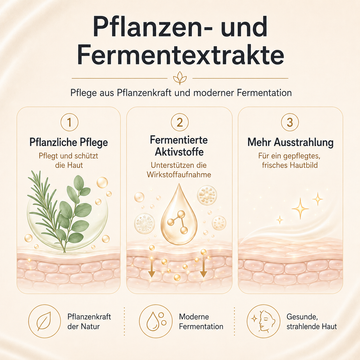 Infografik zu Pflanzen- und Fermentextrakten: Sie pflegen die Haut, unterstützen die Wirkstoffaufnahme und fördern ein frisches, strahlendes Hautbild.