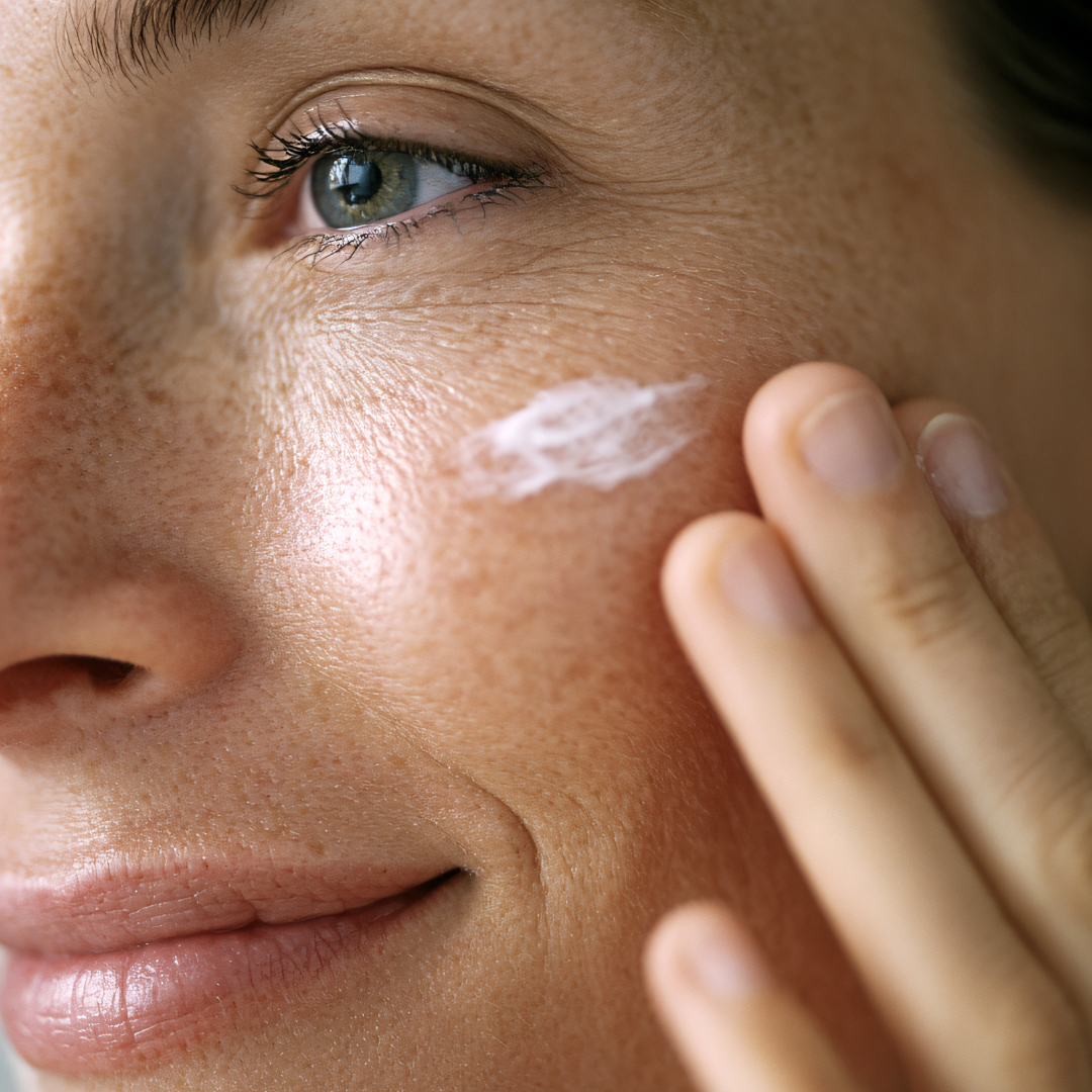 Frau trägt eine pflegende Creme auf die Wange auf für geschützte und gepflegte Sommerhaut mit Sonnenschutz und Anti-Aging-Pflege