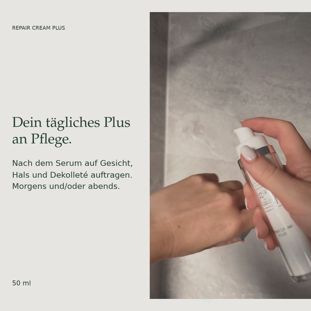 Rief Repair Cream Plus wird auf den Handrücken dosiert. Nach dem Serum auf Gesicht, Hals und Dekolleté auftragen.