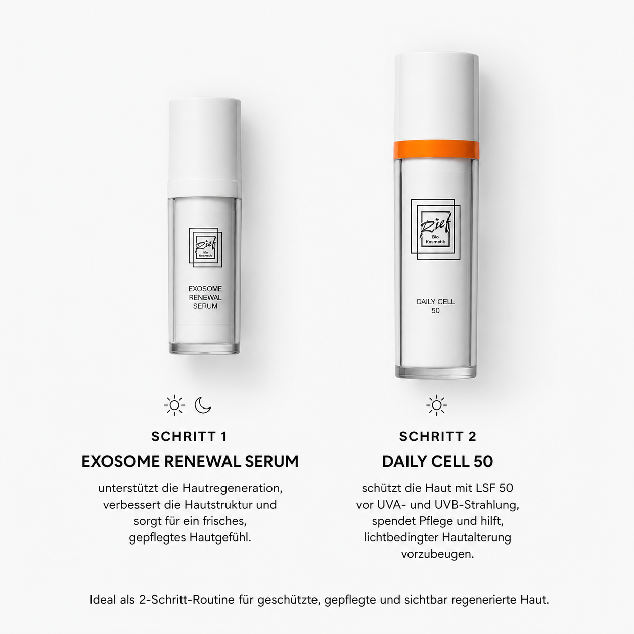 Sun Defense Renewal Set mit Daily Cell 50 und Exosome Renewal Serum als zweistufige Sommerpflegeroutine für Sonnenschutz und Hautregeneration